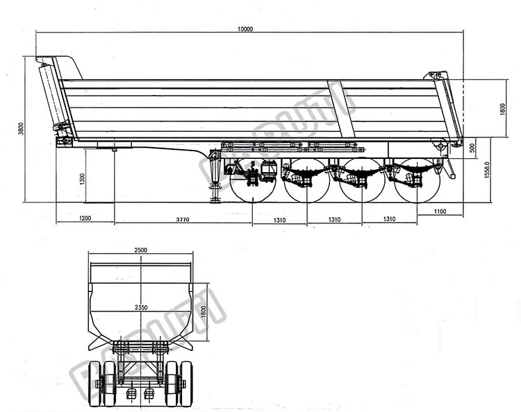 design drawing of 4 axle U shape dump trailer