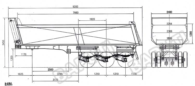 design drawing of 30 cubic meter 40 ton pay load tipper trailer for sale