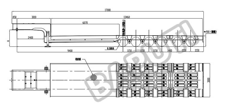 design drawing of 6 line 12 axle 120ton low bed trailer