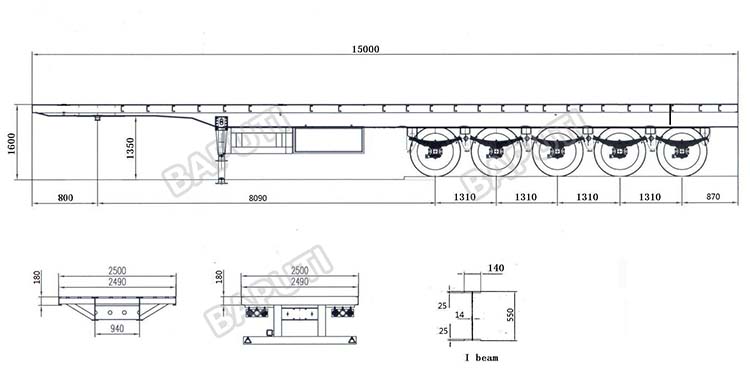 design drawing of 5 axle 120ton flatbed trailer